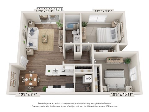 Floor plan for 2 beds, 1 bath, 880 sqft
